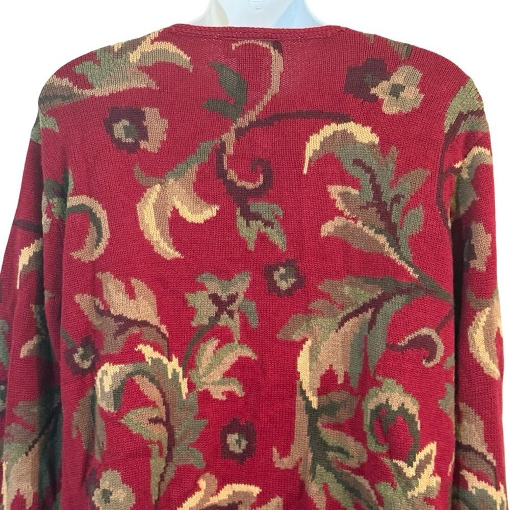 Talbots Red Leaf Design Cotton & Ramie Blend Zip Up Cardigan Sweater sz Large - Picture 7 of 16